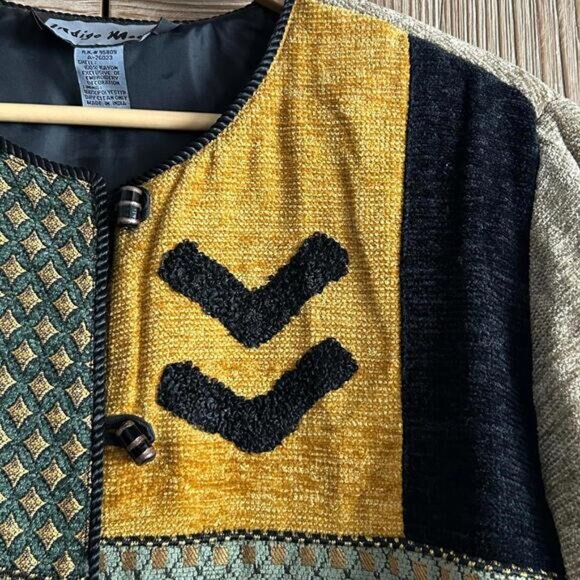 Indigo Moon Women's Outerwear Patchwork Jacket Green Yellow Black Size L - Picture 3 of 7